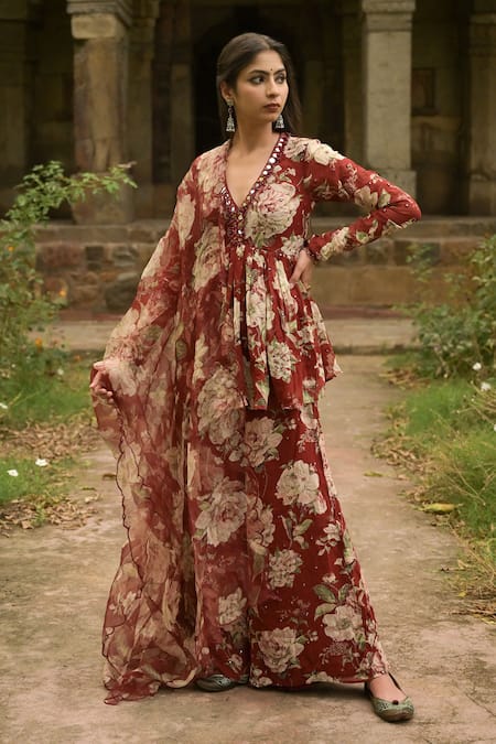 Mirkashi Maroon Top And Bottom Georgette Floral Print Peplum Kurta Sharara Set  