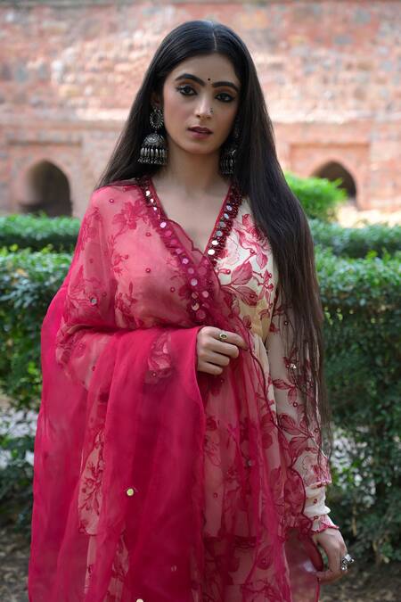 Mirkashi_Off White Georgette, Silk Organza Floral Print Peplum Kurta Sharara Set_Online_at_Aza_Fashions