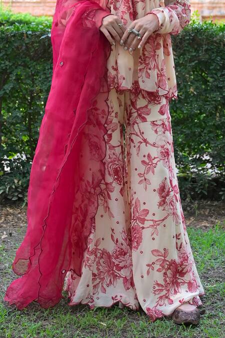 Buy_Mirkashi_Off White Georgette, Silk Organza Floral Print Peplum Kurta Sharara Set_Online_at_Aza_Fashions