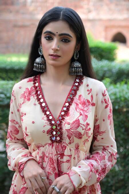 Shop_Mirkashi_Off White Georgette, Silk Organza Floral Print Peplum Kurta Sharara Set_Online_at_Aza_Fashions
