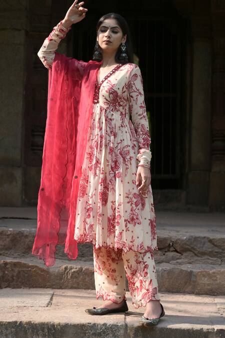 Mirkashi_Off White Georgette, Silk Organza Mirrors V-neck Work Anarkali Pant Set_Online_at_Aza_Fashions