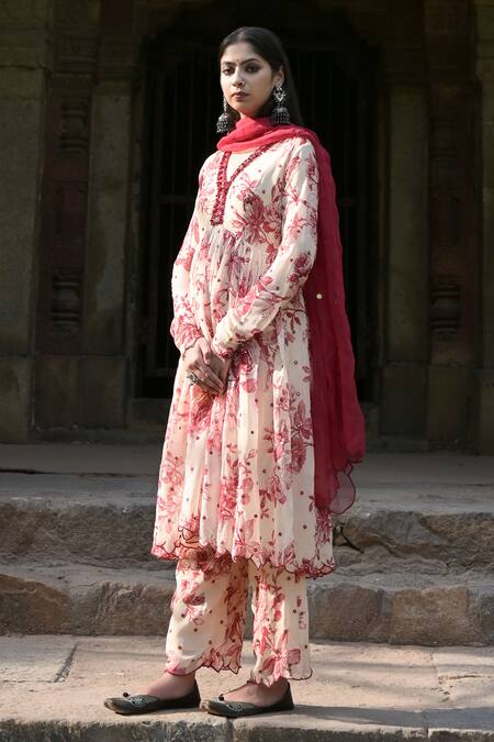 Shop_Mirkashi_Off White Georgette, Silk Organza Mirrors V-neck Work Anarkali Pant Set_Online_at_Aza_Fashions