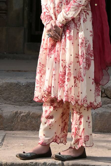 Mirkashi_Off White Georgette, Silk Organza Mirrors V-neck Work Anarkali Pant Set_at_Aza_Fashions