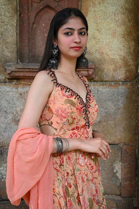 Mirkashi Peach Georgette Mirrors, Embroidery Floral Print Cutout Anarkali Pant Set Online at Aza Fashions Mirkashi_Peach Georgette Mirrors, Embroidery Floral Print Cutout Anarkali Pant Set_Online_at_Aza_Fashions