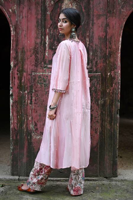 Shop Mirkashi Pink Silk, Cotton Embroidery V-neck Assam Kurta And Pant Set at Aza Fashions Shop_Mirkashi_Pink Silk, Cotton Embroidery V-neck Assam Kurta And Pant Set_at_Aza_Fashions