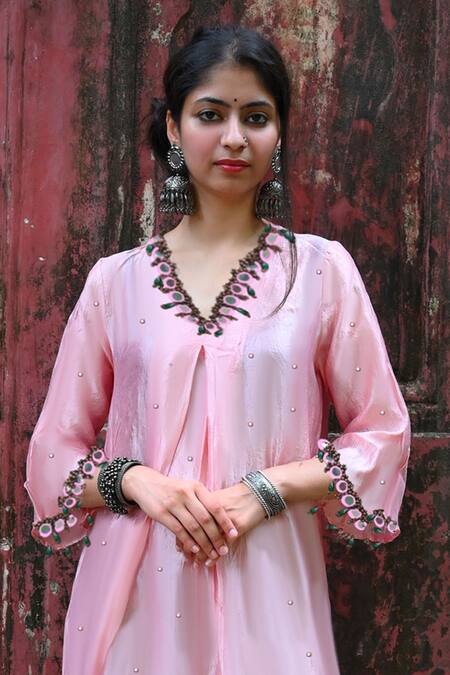Mirkashi Pink Silk, Cotton Embroidery V-neck Assam Kurta And Pant Set Online at Aza Fashions Mirkashi_Pink Silk, Cotton Embroidery V-neck Assam Kurta And Pant Set_Online_at_Aza_Fashions