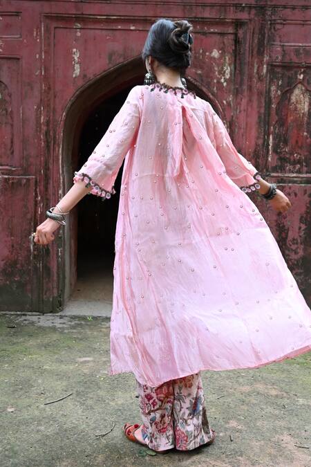 Shop Mirkashi Pink Silk, Cotton Embroidery V-neck Assam Kurta And Pant Set Online at Aza Fashions Shop_Mirkashi_Pink Silk, Cotton Embroidery V-neck Assam Kurta And Pant Set_Online_at_Aza_Fashions