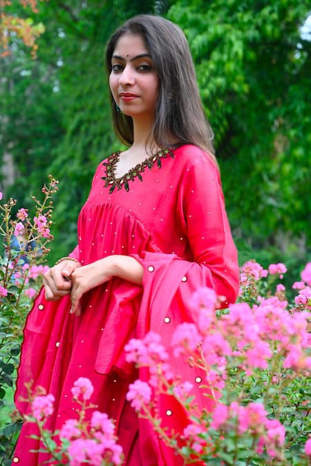 Mirkashi Red Chanderi Mirrors, Embroidery V-neck Assam Silk Kurta And Pant Set Online at Aza Fashions Mirkashi_Red Chanderi Mirrors, Embroidery V-neck Assam Silk Kurta And Pant Set_Online_at_Aza_Fashions