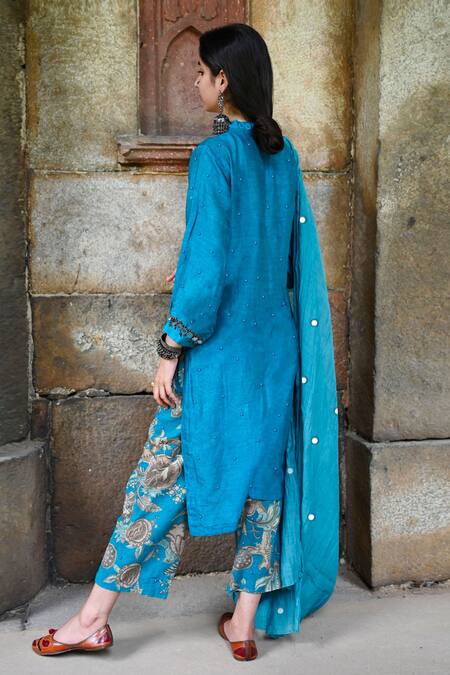 Shop Mirkashi Blue Chanderi, Cotton Mirrors, Embroidery Round Neck Kurta Pant Set at Aza Fashions Shop_Mirkashi_Blue Chanderi, Cotton Mirrors, Embroidery Round Neck Kurta Pant Set_at_Aza_Fashions