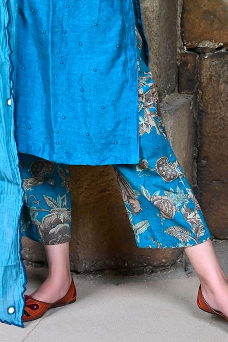 Mirkashi Blue Chanderi, Cotton Mirrors, Embroidery Round Neck Kurta Pant Set Online at Aza Fashions Mirkashi_Blue Chanderi, Cotton Mirrors, Embroidery Round Neck Kurta Pant Set_Online_at_Aza_Fashions