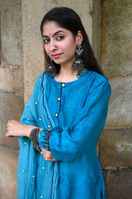 Buy Mirkashi Blue Chanderi, Cotton Mirrors, Embroidery Round Neck Kurta Pant Set Online at Aza Fashions Buy_Mirkashi_Blue Chanderi, Cotton Mirrors, Embroidery Round Neck Kurta Pant Set_Online_at_Aza_Fashions