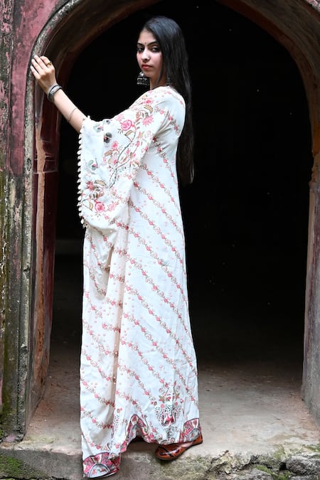 Shop_Mirkashi_Ivory Crepe Mirrors, Embroidery One Shoulder Embellished Kaftan _at_Aza_Fashions
