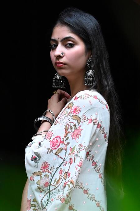 Mirkashi_Ivory Crepe Mirrors, Embroidery One Shoulder Embellished Kaftan _Online_at_Aza_Fashions