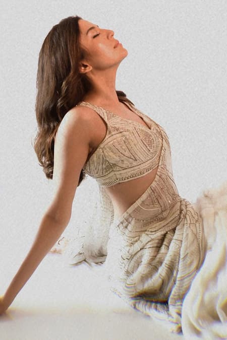 Charu And Vasundhara Ivory Blouse Tussar And Saree Organza & Chiffon Sequin & Elea Lehenga With at Aza Fashions Charu And Vasundhara_Ivory Blouse Tussar And Saree Organza & Chiffon Sequin & Elea Lehenga With _at_Aza_Fashions