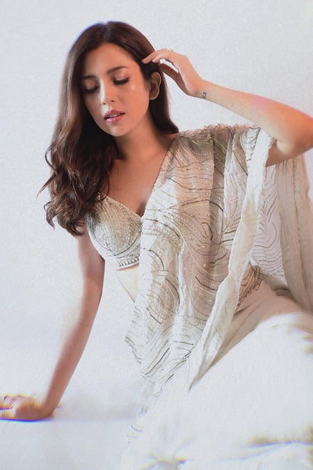 Buy Charu And Vasundhara Ivory Blouse Tussar And Saree Organza & Chiffon Sequin & Elea Lehenga With Buy_Charu And Vasundhara_Ivory Blouse Tussar And Saree Organza & Chiffon Sequin & Elea Lehenga With