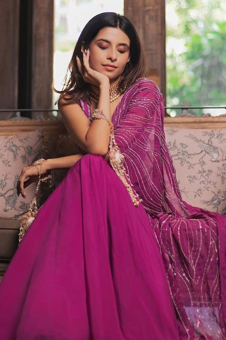 Buy Charu And Vasundhara Purple Tussar Embroidery Ellora Pre-draped Organza Lehenga Saree With Blouse Buy_Charu And Vasundhara_Purple Tussar Embroidery Ellora Pre-draped Organza Lehenga Saree With Blouse