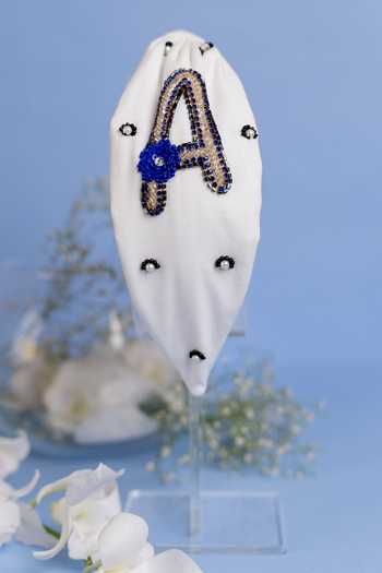 Elaa White Pearl A - Initial Embroidered Headband Online at Aza Fashions Elaa_White Pearl A - Initial Embroidered Headband_Online_at_Aza_Fashions