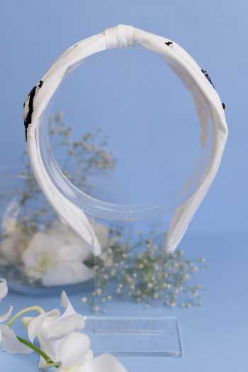 Buy Elaa White Pearl A - Initial Embroidered Headband Online at Aza Fashions Buy_Elaa_White Pearl A - Initial Embroidered Headband_Online_at_Aza_Fashions