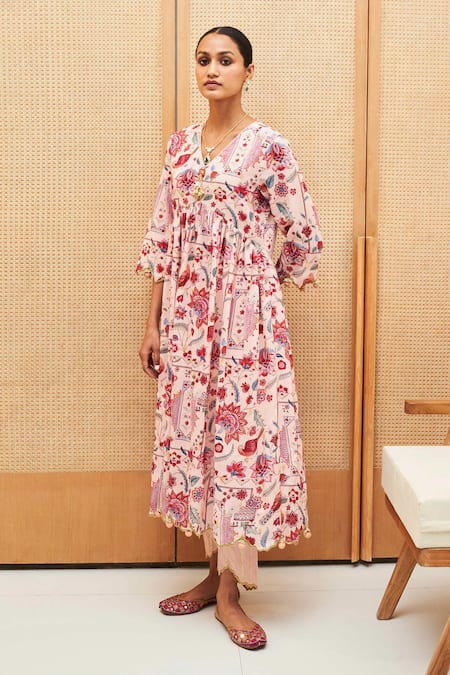 Sage Saga Pink Cotton, Tissue, Chanderi, Lurex Tassels Blossom Print Anarkali Pant Set Online at Aza Fashions Sage Saga_Pink Cotton, Tissue, Chanderi, Lurex Tassels Blossom Print Anarkali Pant Set _Online_at_Aza_Fashions