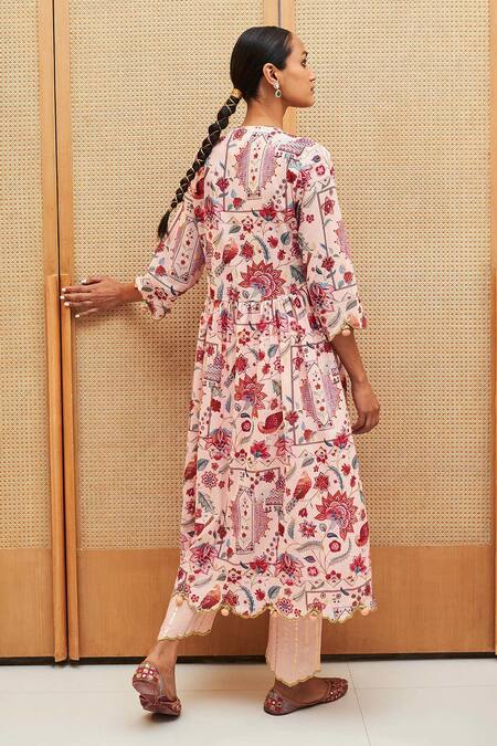 Buy Sage Saga Pink Cotton, Tissue, Chanderi, Lurex Tassels Blossom Print Anarkali Pant Set Online at Aza Fashions Buy_Sage Saga_Pink Cotton, Tissue, Chanderi, Lurex Tassels Blossom Print Anarkali Pant Set _Online_at_Aza_Fashions