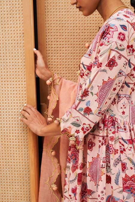 Shop Sage Saga Pink Cotton, Tissue, Chanderi, Lurex Tassels Blossom Print Anarkali Pant Set Online at Aza Fashions Shop_Sage Saga_Pink Cotton, Tissue, Chanderi, Lurex Tassels Blossom Print Anarkali Pant Set _Online_at_Aza_Fashions