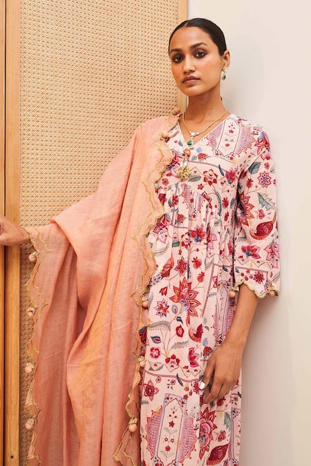 Sage Saga Pink Cotton, Tissue, Chanderi, Lurex Tassels Blossom Print Anarkali Pant Set at Aza Fashions Sage Saga_Pink Cotton, Tissue, Chanderi, Lurex Tassels Blossom Print Anarkali Pant Set _at_Aza_Fashions