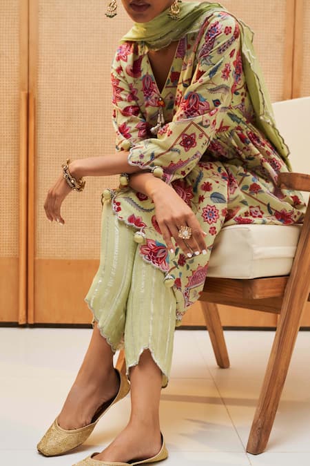 Buy Sage Saga Green Cotton, Lurex, Tissue, Chanderi Tassels Botanical Print Anarkali Pant Set Online at Aza Fashions Buy_Sage Saga_Green Cotton, Lurex, Tissue, Chanderi Tassels Botanical Print Anarkali Pant Set _Online_at_Aza_Fashions