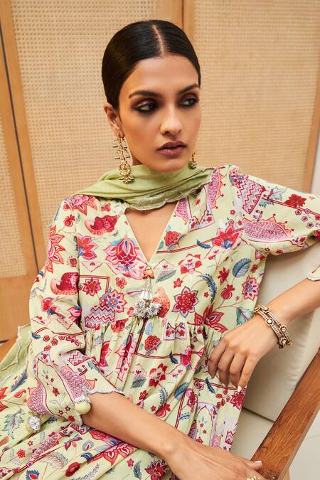 Shop Sage Saga Green Cotton, Lurex, Tissue, Chanderi Tassels Botanical Print Anarkali Pant Set Online at Aza Fashions Shop_Sage Saga_Green Cotton, Lurex, Tissue, Chanderi Tassels Botanical Print Anarkali Pant Set _Online_at_Aza_Fashions