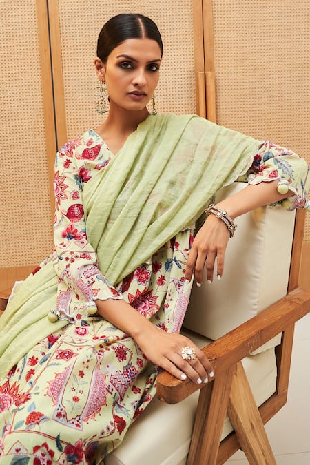 Sage Saga Green Cotton, Lurex, Tissue, Chanderi Tassels Botanical Print Anarkali Pant Set at Aza Fashions Sage Saga_Green Cotton, Lurex, Tissue, Chanderi Tassels Botanical Print Anarkali Pant Set _at_Aza_Fashions