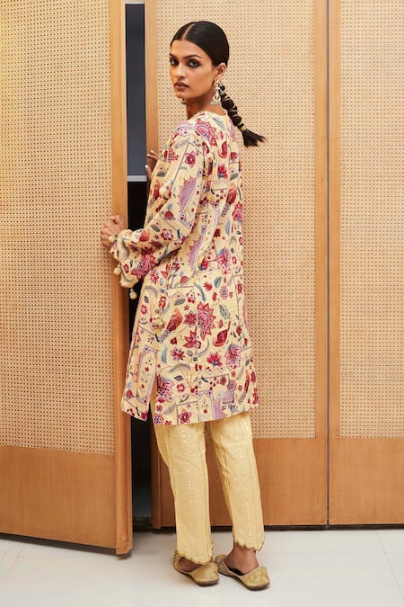 Shop_Sage Saga_Yellow Cotton, Chanderi, Lurex, Tissue Floral Print Straight Tunic Pant Set _at_Aza_Fashions