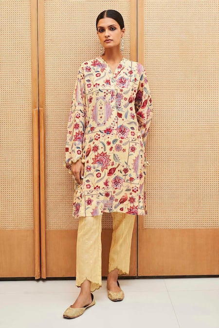 Sage Saga_Yellow Cotton, Chanderi, Lurex, Tissue Floral Print Straight Tunic Pant Set _Online_at_Aza_Fashions