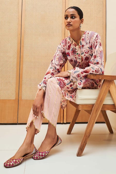 Shop_Sage Saga_Pink Cotton, Chanderi, Tissue Tassels Straight Floral Print Tunic Pant Set _Online_at_Aza_Fashions