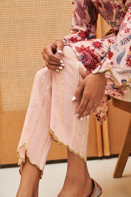 Sage Saga_Pink Cotton, Chanderi, Tissue Tassels Straight Floral Print Tunic Pant Set _at_Aza_Fashions