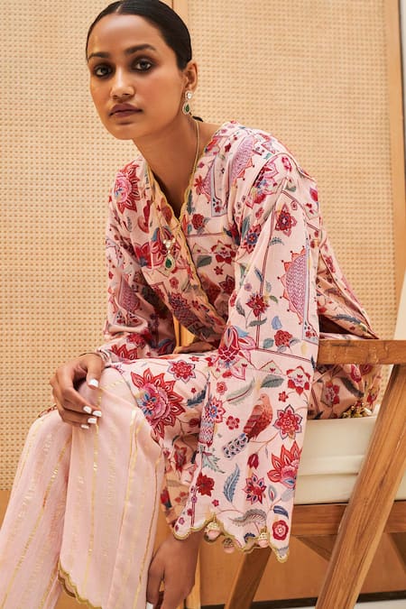 Buy_Sage Saga_Pink Cotton, Chanderi, Tissue Tassels Straight Floral Print Tunic Pant Set 