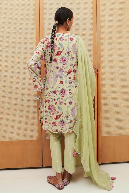 Shop_Sage Saga_Green Cotton, Chanderi, Tissue Tassels Blossom Print Straight Tunic Pant Set _at_Aza_Fashions