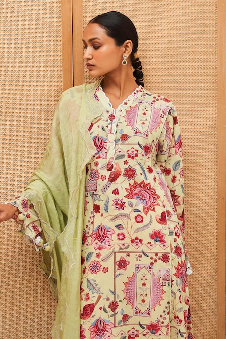 Sage Saga_Green Cotton, Chanderi, Tissue Tassels Blossom Print Straight Tunic Pant Set _Online_at_Aza_Fashions