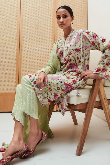 Sage Saga_Green Cotton, Chanderi, Tissue Tassels Blossom Print Straight Tunic Pant Set _at_Aza_Fashions