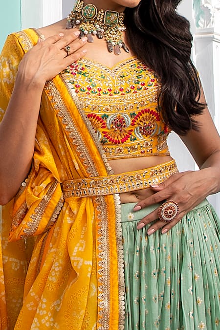 Shop Jiya By Veer Design Studio Green Brocade, Chiffon Embroidery, Tassels Boat Neck Thread Lehenga Set Online at Aza Fashions Shop_Jiya By Veer Design Studio_Green Brocade, Chiffon Embroidery, Tassels Boat Neck Thread Lehenga Set _Online_at_Aza_Fashions