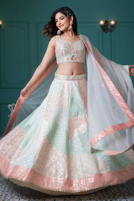 Shop Jiya By Veer Design Studio Multi Color Chanderi Mirrors, Embroidery, Sequins Asymmetric Woven Lehenga Set at Aza Fashions Shop_Jiya By Veer Design Studio_Multi Color Chanderi Mirrors, Embroidery, Sequins Asymmetric Woven Lehenga Set _at_Aza_Fashions