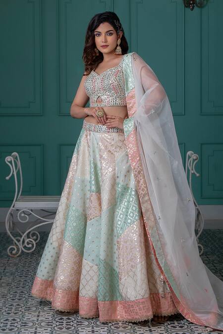 Buy Peach Chanderi Silk And Organza Lining Cotton Shantoon Lehenga Set For  Women by Neha Khullar Online at Aza Fashions.