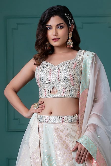 Buy Jiya By Veer Design Studio Multi Color Chanderi Mirrors, Embroidery, Sequins Asymmetric Woven Lehenga Set Online at Aza Fashions Buy_Jiya By Veer Design Studio_Multi Color Chanderi Mirrors, Embroidery, Sequins Asymmetric Woven Lehenga Set _Online_at_Aza_Fashions