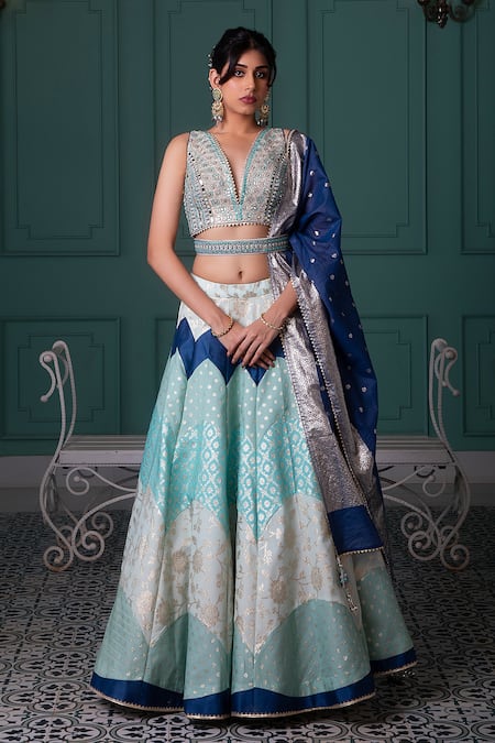 Buy Jiya by Veer Design Studio Blue Chanderi Embroidery, Mirrors, Tassels V-neck Mughal Woven Lehenga Set Online at Aza Fashions Buy_Jiya by Veer Design Studio_Blue Chanderi Embroidery, Mirrors, Tassels V-neck Mughal Woven Lehenga Set _Online_at_Aza_Fashions