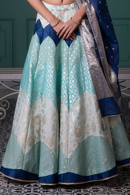 Shop Jiya by Veer Design Studio Blue Chanderi Embroidery, Mirrors, Tassels V-neck Mughal Woven Lehenga Set Online at Aza Fashions Shop_Jiya by Veer Design Studio_Blue Chanderi Embroidery, Mirrors, Tassels V-neck Mughal Woven Lehenga Set _Online_at_Aza_Fashions
