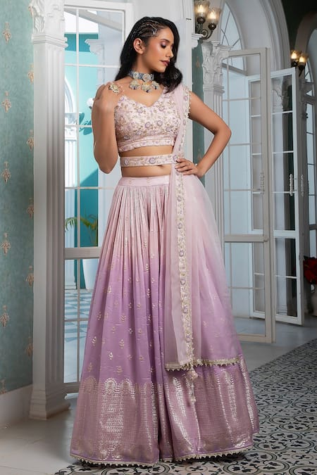 Shop_Jiya By Veer Design Studio_Pink Organza Tassels, Embroidery V-neck Ombre Woven Lehenga Set _at_Aza_Fashions