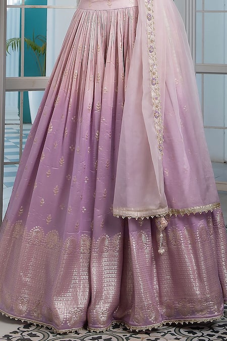 Buy_Jiya By Veer Design Studio_Pink Organza Tassels, Embroidery V-neck Ombre Woven Lehenga Set _Online_at_Aza_Fashions