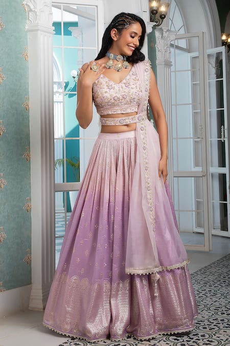 Shop_Jiya By Veer Design Studio_Pink Organza Tassels, Embroidery V-neck Ombre Woven Lehenga Set _Online_at_Aza_Fashions