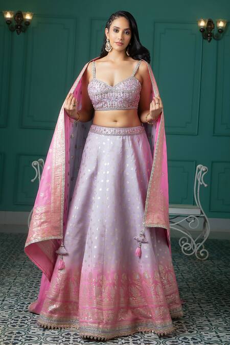 Jiya by Veer Design Studio Purple Brocade Embroidery, Cut Work, Mirrors Polka Dots Woven Lehenga Set at Aza Fashions Jiya by Veer Design Studio_Purple Brocade Embroidery, Cut Work, Mirrors Polka Dots Woven Lehenga Set _at_Aza_Fashions