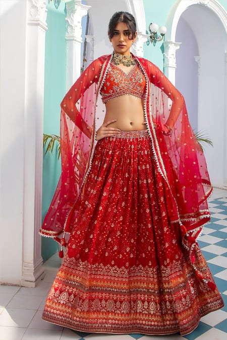 Jiya by Veer Design Studio Orange Jacquard Silk Woven V Neck Lehenga Set 