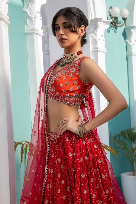 Jiya By Veer Design Studio_Orange Jacquard, , Chanderi Beads, Cut Work Bandhani Woven Lehenga Set _Online_at_Aza_Fashions