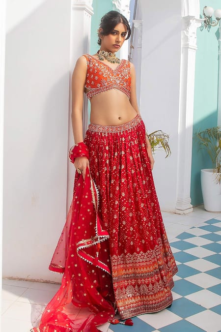 Buy_Jiya By Veer Design Studio_Orange Jacquard, , Chanderi Beads, Cut Work Bandhani Woven Lehenga Set _Online_at_Aza_Fashions
